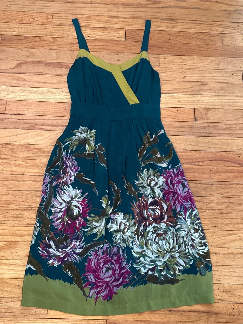 Maeve Impressionist's Dream Anthropologie 100% Silk Dress Teal Base Floral Sz 6